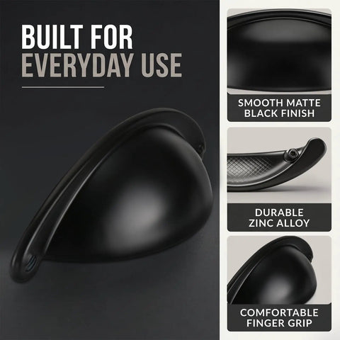 Twelve Pack 2.5 Inch Matte Black Cup Pull Cabinet Handles Built Tough Zinc Alloy Drawer Hardware Smooth Matte Finish For Modern Kitchen And Pantry Cabinets display showing smooth matte finish and durable design.