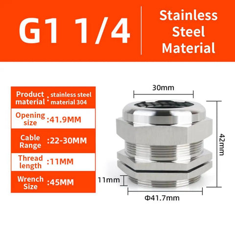 G1 1/4 Stainless Steel IP68 Waterproof Cable Gland For 22-30mm Cable Range with size specifications and stainless steel material