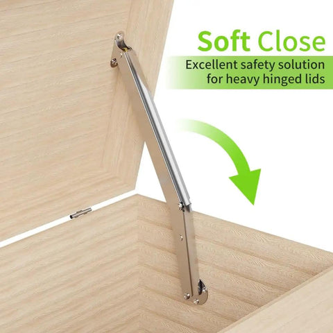 Heavy Duty Soft Close Lid Support Hinges For Toy Boxes And Wooden Chests, Hydraulic 100N shown installed on a wooden lid