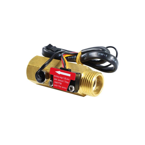 Beefy Brass Water Flow Sensor With Hall Effect, One Half Inch BSPT Female to Male Thread, for DIY Hydraulics, close-up view