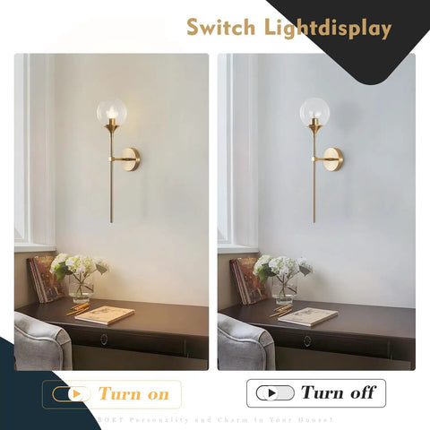 Glass Globe Wall Sconce In Brushed Brass With Clear Globe Mid Century Modern Bedroom Bedside Lighting displayed on a wall.
