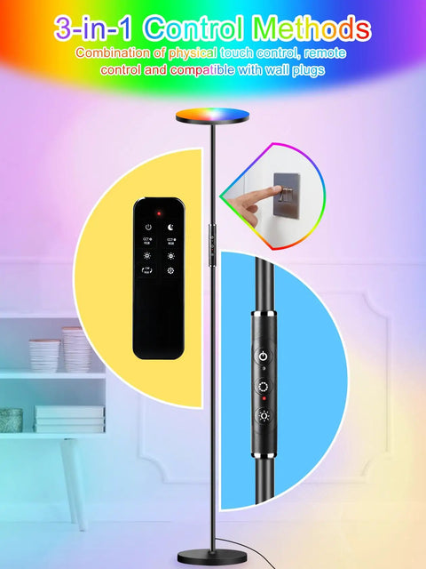 3-in-1 control methods for RGB LED Floor Lamp With Remote 36W 3600LM 69 Inch Tall Torchiere Upgraded 2025 Stepless Dimming