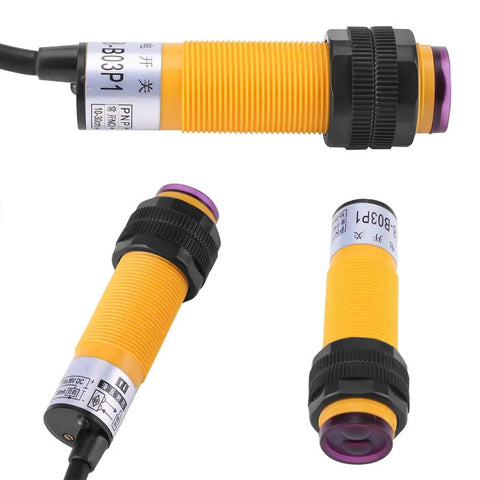 IR Break Beam Sensor 6-36V DC PNP Photoelectric, 5-30 Cm Detection Range, 3-Wire Output, 300mA, yellow cylindrical sensor