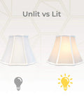 Unlit and lit view of Flare Bottom Outside Corner Scalloped Lamp Shade Set White 6.5 X 12 X 9.25 Inches 2 Pack Hand Tailored Silk Type Shantung