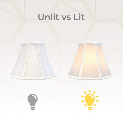Unlit and lit view of Flare Bottom Outside Corner Scalloped Lamp Shade Set White 6.5 X 12 X 9.25 Inches 2 Pack Hand Tailored Silk Type Shantung