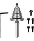 Seven Piece Router Bit Bearing Replacement Set with Allen key and screws, universal bearings 3/16 in inner, 3/8-1-1/8 in outer diameter.