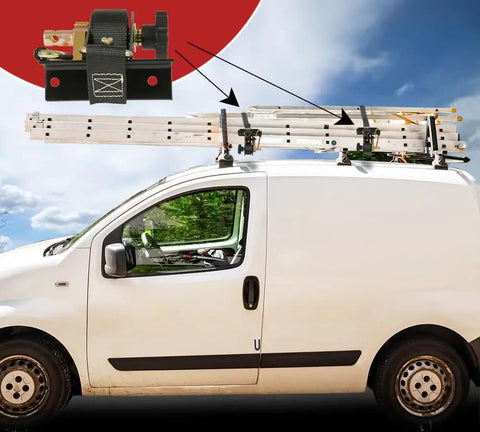 One And A Half Inch Ladder Rack Ratchet Straps With J Hooks, 7 Foot Length, 500 Lb Working Load on van roof