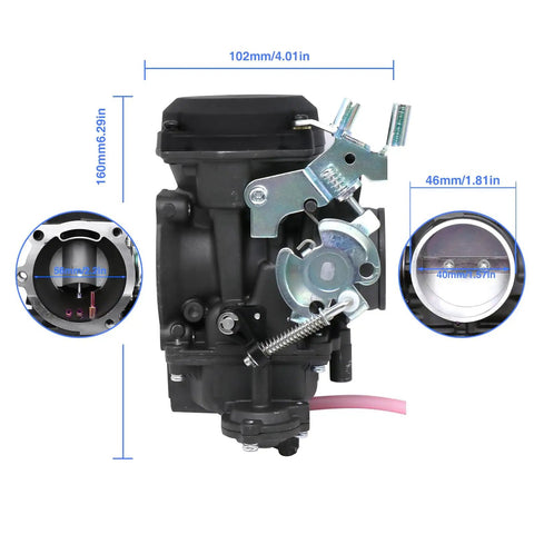CV40 Carburetor Replacement Kit With Starter Valve Main Jets Slow Jets And Air Fuel Mixture Screw dimensions shown