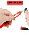 Red retractable utility knife with black grip and snap-off 9mm blade, front view.