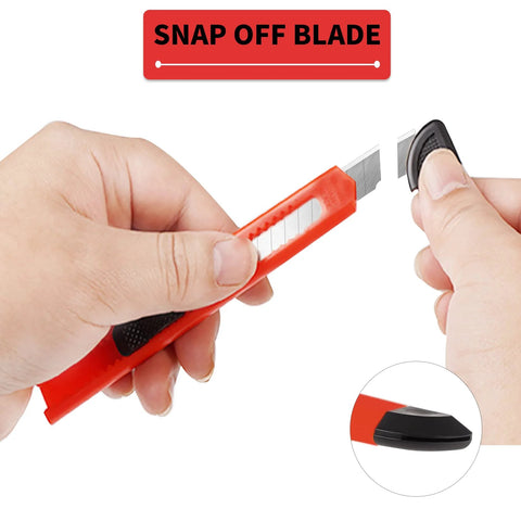 Red retractable utility knife with black grip and snap-off 9mm blade, front view.