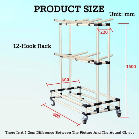 Adjustable Double Tier Wire Harness Hanging Rack With 12 Rock Solid Arms, dimensions shown in mm, features 12 hooks for organization.