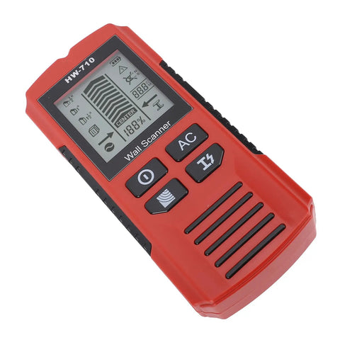 7 in 1 Wall Scanner Stud Finder, Metal Wood AC Wire Detector in vibrant red showing digital display and buttons.