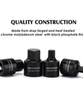 Four black hex drivers detail from Three Eighth Inch Drive Low Profile Impact Hex Driver Set 16 Piece SAE And Metric Hex Bits Cr Mo Steel One Piece Construction Built For Heavy Duty Auto And DIY Jobs, displaying quality construction text.