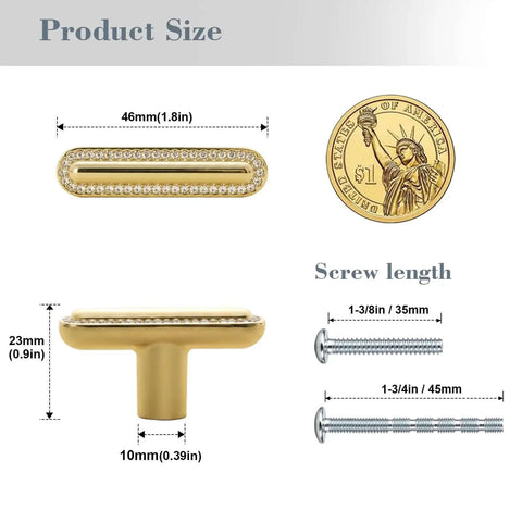 Gold Crystal Drawer Knobs 4 Pack Rhinestone Cabinet Pulls with Size Comparison to US Coin
