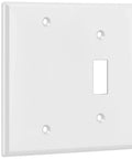 Combination Toggle Switch And Blank Wall Plate 2-Gang Light Switch Cover 4.5 By 4.57 Inches White Built Tough Polycarbonate Thermoplastic UL Listed Heavy Duty Finish, angle view
