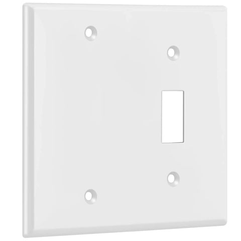 Combination Toggle Switch And Blank Wall Plate 2-Gang Light Switch Cover 4.5 By 4.57 Inches White Built Tough Polycarbonate Thermoplastic UL Listed Heavy Duty Finish, angle view