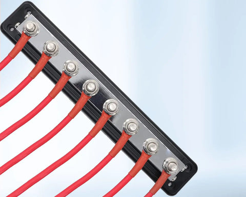Heavy Duty 600A Power Distribution Block Built Like A Tank With Eight M10 Terminal Studs For Marine Automotive RV Truck And Car Battery Wiring And Repairs Setup, red cables and connectors.