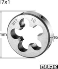Pro Grade M17 X 1 Tap And Die Set For Right Hand Machine Threads, 17mm x 1mm pitch, round alloy die, 38mm diameter, close-up view