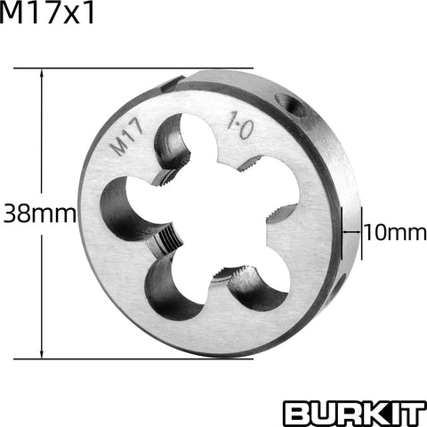 Pro Grade M17 X 1 Tap And Die Set For Right Hand Machine Threads, 17mm x 1mm pitch, round alloy die, 38mm diameter, close-up view