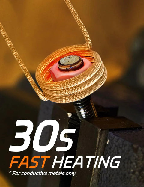 Solary induction heater close-up: copper coil around a rusted bolt in a vise.