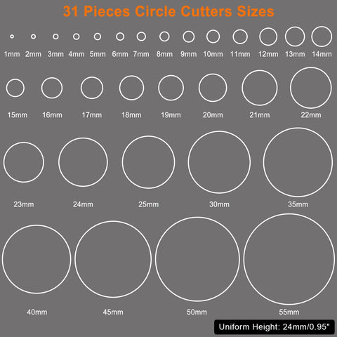 Diagram showing 31 sizes of holes from 1mm to 55mm for Leather Circle Cutter Set 31 Piece Circle Punch Kit With 1mm To 55mm Holes.