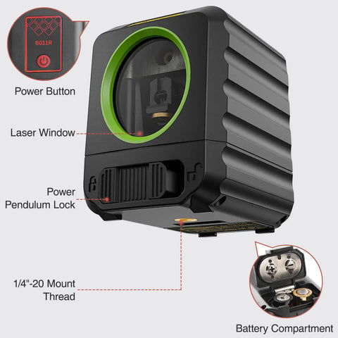 Cross Line Laser Level For DIY Projects With Self Leveling In Under 3 Seconds, 100ft Range, showing features and battery compartment