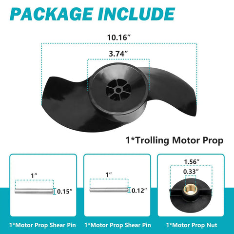 Image of trolling motor propeller replacement kit for MotorGuide Katana, includes two-blade prop, prop pin, and nut.