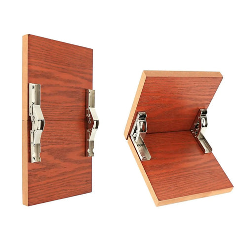 90 Degree Folding Cabinet Hinges With Hard Close Action, Concealed Design, solid nickel plated steel on wood panel, side view