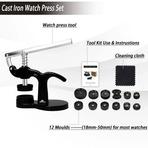 Cast iron watch press set with tool kit instructions, cleaning cloth, and 12 moulds for All In One Pro Grade Watch Repair Kit With Carrying Case And 145 Piece Tool Set Including 60 Watch Batteries, Link Removal Tool, Case Opener, And 13 Piece Press Tools For Easy Battery Replacements And Comprehensive Timepiece Maintenance.