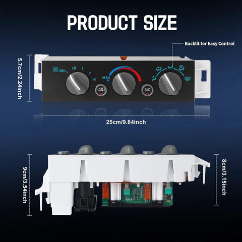 Dimensions of HVAC Air Conditioning Climate Control Panel For 1996 Through 2000 Chevy GMC Full Size Trucks And SUVs C1500 C2500 C3500 Suburban Tahoe Yukon Cadillac Escalade Without Rear Window Defogger Replace 599007
