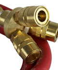 Heavy Duty 3 Foot 3/8 Air Hose Extender With Triple Manifold Quick Connector featuring brass fittings and red hose.