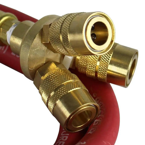 Heavy Duty 3 Foot 3/8 Air Hose Extender With Triple Manifold Quick Connector featuring brass fittings and red hose.