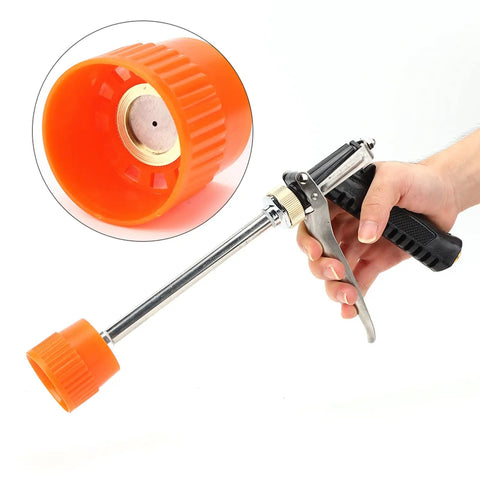 Beefy Zinc Alloy Sprayer Wand With Long Rod High Pressure Water Spray held in hand, close-up of orange nozzle and trigger detail.