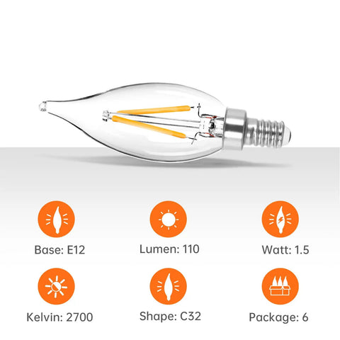 Side view of single C32 bulb, E12 base, details on wattage, lumens, and kelvin, related to 40 Watt Warm White C32 Chandelier Light Bulbs With E12.