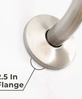 Close-up of flange on high rise shower head extension arm, 10.5 inch gooseneck S shaped design in stainless steel brushed nickel finish.
