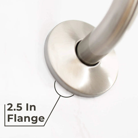 Close-up of flange on high rise shower head extension arm, 10.5 inch gooseneck S shaped design in stainless steel brushed nickel finish.