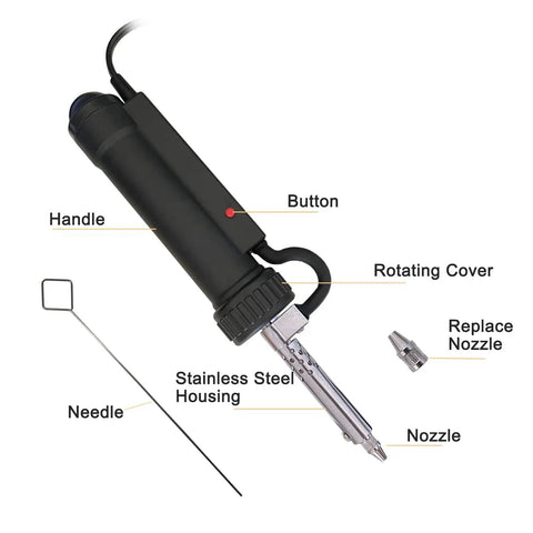 Desoldering Gun With 3 Nozzles Portable Electric Solder Sucker And Desolder Pump AC110V 30W, showing handle, button, and nozzle