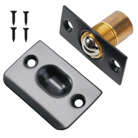 Solid Brass Roller Ball Door Catch Kit With Stainless Steel Roller, Adjustable Spring Latch, Strike Plate, Screws, Black Finish