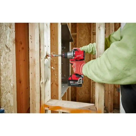 Rugged 18V Brushless Cordless Drill Driver with 1/2 Inch Metal Chuck Featuring Auto Stop drilling into wood beams with precision.