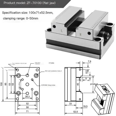 Hella-Rugged Badass Self-Centering Bench Vise For Pipes And Round Stock With Quick-Grip Parallel Jaws detailed diagram and dimensions.