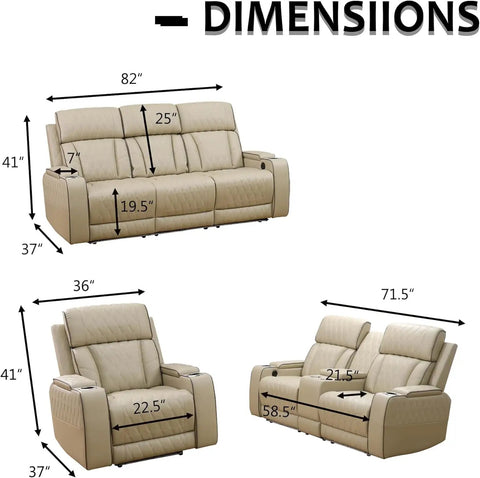 Dimensions of Power Recliner Sofa Set With LED Lighting And USB Charging Leather Sofa With Built In Storage Console Khaki