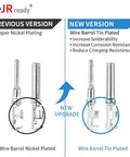Comparison of wire barrel plating versions, showing new tin-plated design with improved solderability and reduced crimping resistance.