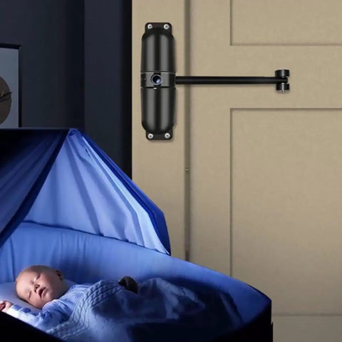 Self Closing Screen Door Closer With Adjustable Closing Force installed on door near sleeping baby