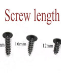Close-up of three M4 x 12 Millimeter Self Drilling Screws Carbon Steel Black Finish Phillips Drive with length labels.
