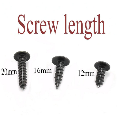 Close-up of three M4 x 12 Millimeter Self Drilling Screws Carbon Steel Black Finish Phillips Drive with length labels.