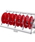 Hella Sturdy Adjustable Wire Spool Dispenser With Heavy Duty Cable Caddy Rack For Pros And Multi Tool Electrical Manager Built From Solid Metal Frame That Slaps In Every Shop, showing a red spool rack with six reels.