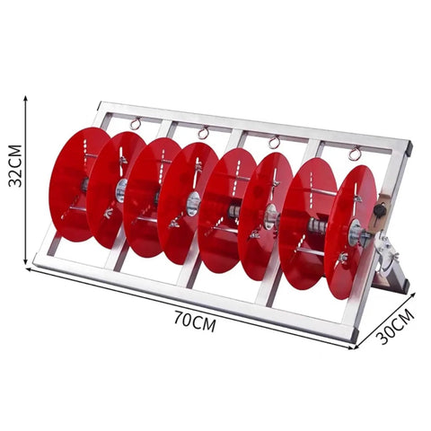 Hella Sturdy Adjustable Wire Spool Dispenser With Heavy Duty Cable Caddy Rack For Pros And Multi Tool Electrical Manager Built From Solid Metal Frame That Slaps In Every Shop, showing a red spool rack with six reels.