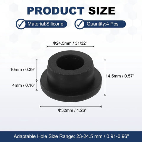 Four Pack T Shaped Silicone Plugs 24.3mm Dia Snap In Hole Seal Round Rubber Stopper shown with dimensions and details