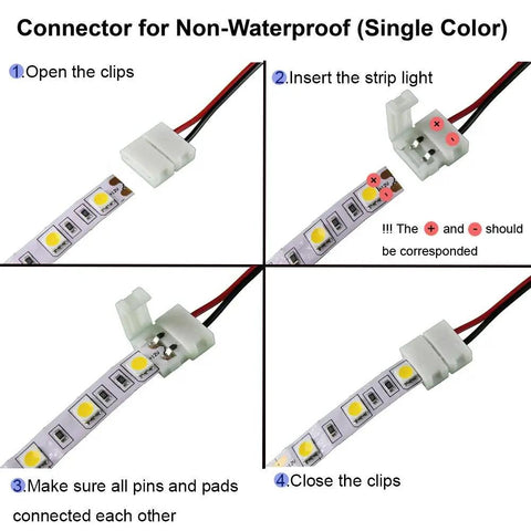 2Pin 8mm LED Strip Connector Kit With Right Angle Corner, T Shape And Gapless Connector For Flexible SMD2835 Tape Lights, Includes Strip Jumper Wires, Compatible With 3528 2835 Single Color LED Strips, Not COB, Supports Up To 3A 24V connector instructions
