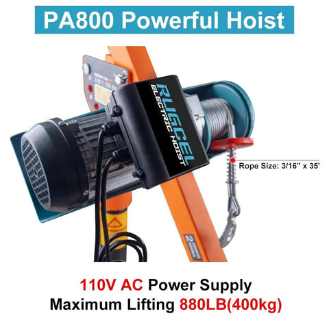 Folding Truck Jib Crane With 1100 Lb Capacity And 880 Lb Pulling Force, 110V Electric Hoist, 360 Degree Base Rotation, Portable Orange For Generators, Pressure Washers, Barrels In Trucks, Factories And Warehouses close-up of hoist mechanism